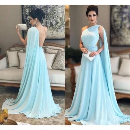 2021 Fashion One Shoulder Prom Dresses with Cape Arabic Bubai Backless Chiffon Formal Dresses Sweep Train Formal Evening Party
