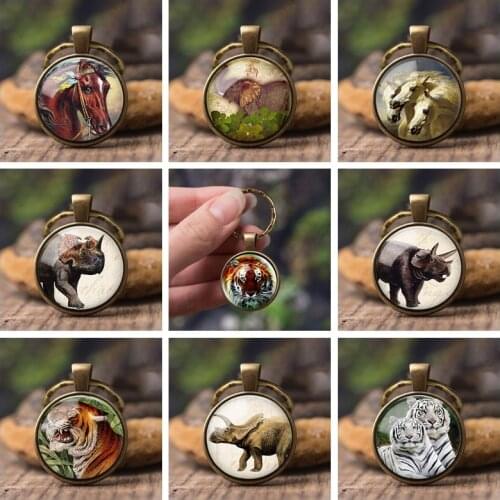 Rhino Elephant Tiger Horse Round Photo Wild Animal Keychain Car Key Ring Glass Cabochon Jewelry Cute Pet Pendant Women Men Gift