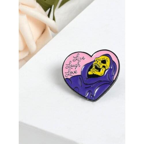 Heart shape pin Purple Skeleton Brooch" Live Laugh Love" Cartoon Funny Enamel pin denim badges Jewelry Gift for Halloween