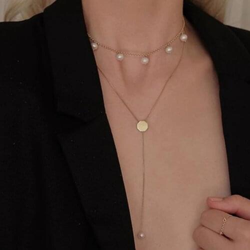 SRCOI Coin Choker Pearl Long Necklace Pendant Trendy Boho Gold Silver Color Double Layering Chain Necklace Collar For Women 2018