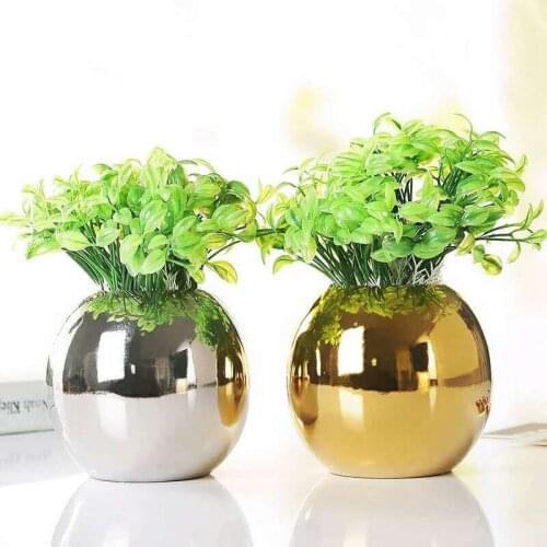 Home Tabletop Decoration Gold Plating Ceramic Vase Crafts Small Round Ball Plant Container Vase Flower Arrangement Factory Sale
