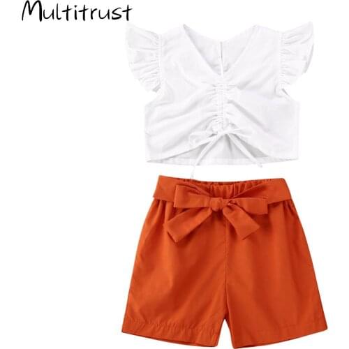 Multitrust Toddler Girl Clothes 2020 Summer Ruffles Sleeve V-Neck Drawstring Top+Shorts/pants 2pcs Girl Outfits Clothes 1-5Y