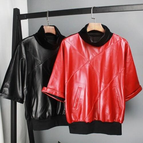 Lady natural Leather loose jacket 2019 new Spring and Autumn Sheep skin Mosaic half-sleeve Baseball suit