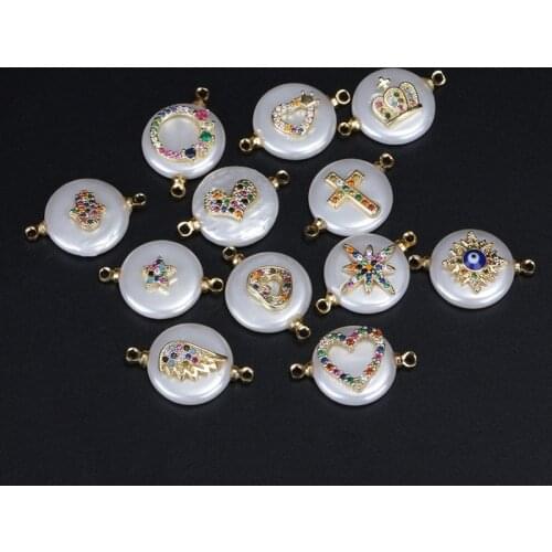 Micro pave rainbow cz crystal multiple pattern charm round coin pearl bead connector for bracelet women jewelry DIY making