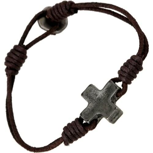 Vintage Leather Bracelets for Men Alloy Cross Charms Handmade Bracelets & Bangles Brown Fashion Jewelry Simple Friendship Gift