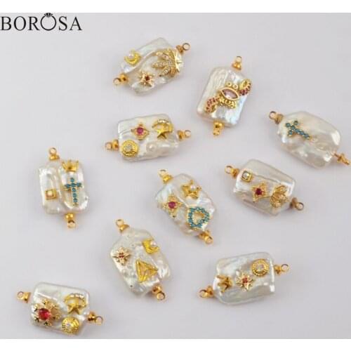 BOROSA 10Pcs Wholesale Gold Plating Natural Freshwater Pearl with Multi CZ Connector Mixed Colors for Bracelet Jewelry G1912