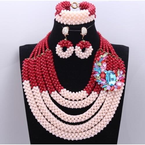 Wholesale Jewelry Women African Beads Wine & Beige Nigerian Wedding Necklace Set Free Shipping 4Pics Layers 100% Crystal Beads
