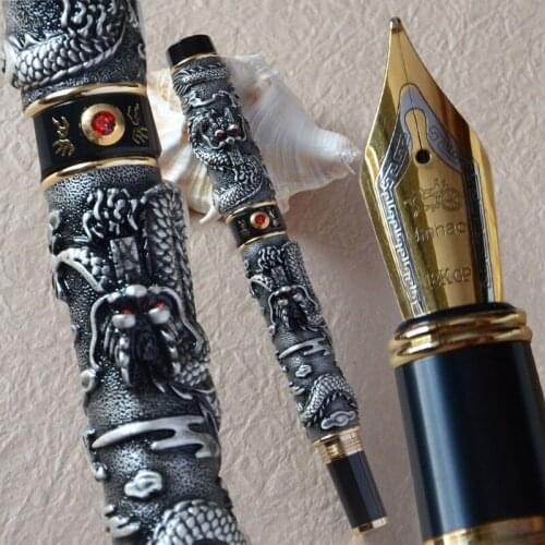 JINHAO GREY TWO DRAGON PLAY PEARL FOUNTAIN PEN MEDIUM NIB CRYSTAL