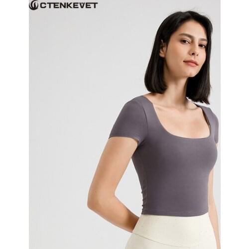 Sexy Slim Yoga Sports Pure Color Short Sleeve Womens Workout Running Top High Elasticity Breathable Fabric Gym Training T-Shirt