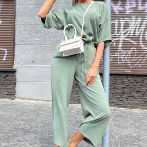 Casual Summer Pant Sets Women 2 Piece Sets Soild Drawstring Sportswear Loose Women Tracksuit Outfit Short Sleeve Jogging Femme