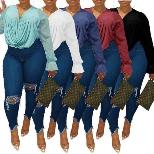 Sexy V-neck chiffon plus size womens long-sleeved top womens chiffon shirt long sleeve t shirt forwomen