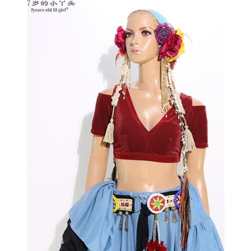 Belly Dance Velvet Fat Chance Tribal Choli Costume Short Drop Sleeve Top CJJ08