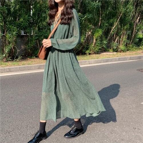 GOOHOJIO Vintage Lace Up Polka Dot Women Dress Spring Elastic Waist Female Long Dress 2020 Spring Summer A-line Vestidos femme