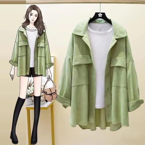 Plus Size Womens Spring 2021 Korean Version Of The New Jacket Single-Breasted Loose And Thin Corduroy Shirt Coat Female L440