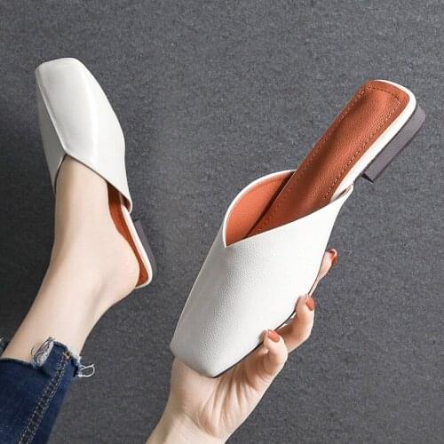 Women Full head half slippers Leather square-toed ladies' oversize shoes low-heeled sandals fashion flats 2020 summer mew