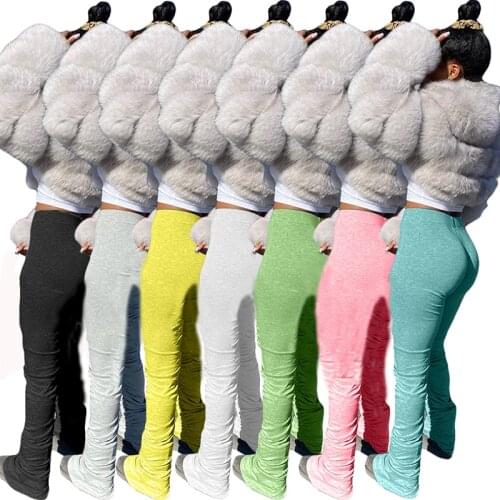 7 Colors Ladies Pleated High Waist Stacked Leggings Joggers Sweatpants Elastic Flare Pants Women Bell Bottom Ruched Trouser