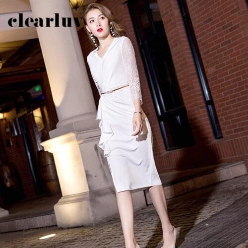 V-Neck Party Dresses For Women DR301 White Straight Evening Dresses 2020 Three Quarter Sleeve Vestidos Patchwork Elegant Gowns