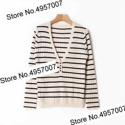 Women Wool Cotton Blend Contrastt Stripe Long Sleeve V Neckline Knit Pullover Sweater Top - Elfbopstore Fashion Jumper Online