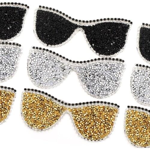1Pcs Glasses Rhinestone Patches Resin Gold/Sliver/Black Applique Iron On Patches Hotfix Crystal Glasses Patches Clothes Badge