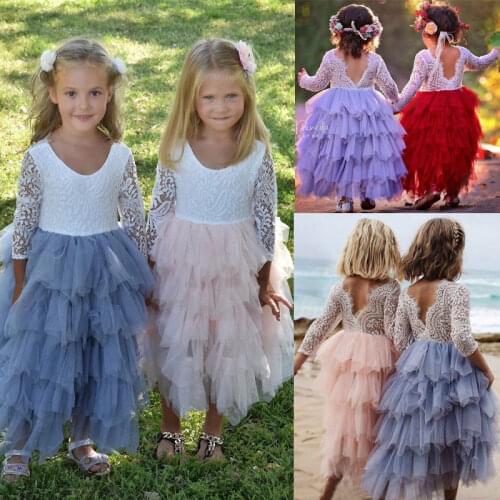 2021 New Baby Girl Fashion Lace Tulle Tutu Princess Dress Long Sleeve Patchwork Ball Gown 6M-5Y Kids Party Pageant Formal Dress