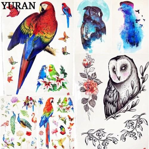 25 Designs Poll Parrot Watercolor Fake Flash Tattoo Stickers For Kids Women Body Art Back Neck Temporary Tattoo Birds Owl Paste