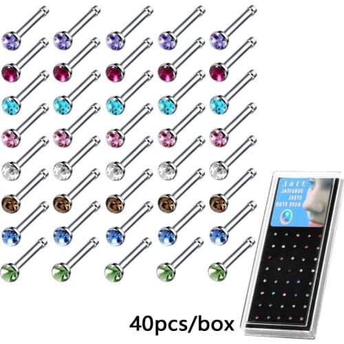 40Pcs 1.8mm 316L Stainless Steel Boxed Set Auger Nasal Titanium Steel Nail False Nose Ring Puncture Accessories