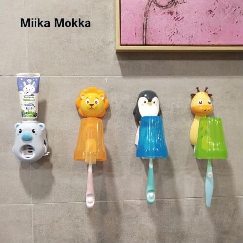 Cute Animal Children Toothbrush Holder Tumbler Holder Bathroom Supplies Wall-Mounted Toothpaste Squeezers for Kids