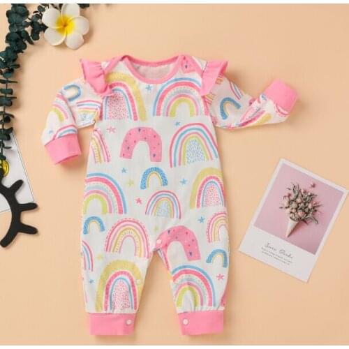 Infants Baby Boy Girl Romper Fall Rainbow Print Ruffle Flying Long Sleeves O-Neck Buttons Home Sleeping Jumpsuit 0-12M