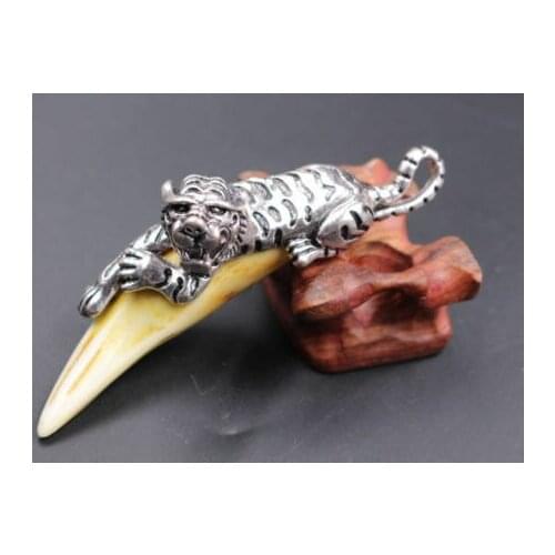 Chinese Antique Tibetan Silver Tiger Inlay Tooth Talisman Big Pendant