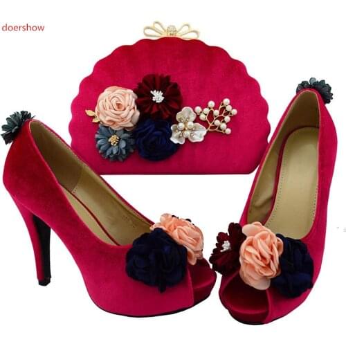 Doershow African shoes and matching bags set for party, luxury italy fuchsia matching bag and shoes in orange for party ! BO1-14