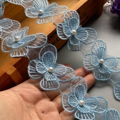 20X Blue Butterfly Bowknot Pearl Flower Embroidered Lace Trim Fabric Lace Ribbon Handmade Sewing Craft For Costume Decoration