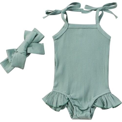 Baby Girls Summer Outfits Sleeveless Self Tie Strap Ruffle Bodysuit with Headband Set