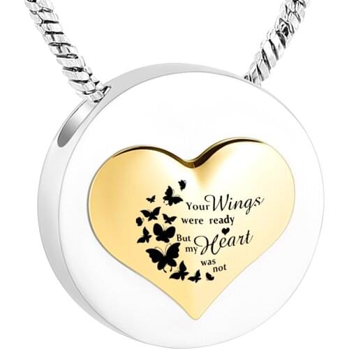 Lovely Heart Round Cremation Jewelry Butterflies Memorial Urn Necklace Ashes Pendant for Women with Funnel Filling Kits