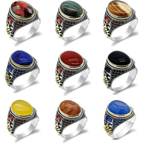 S925 Sterling Silver Men Rings with Natural Stone Agate/Lapis/Quartzite/Phoenix/Zircon Male Women Vintage Thai Turkish Jewelry