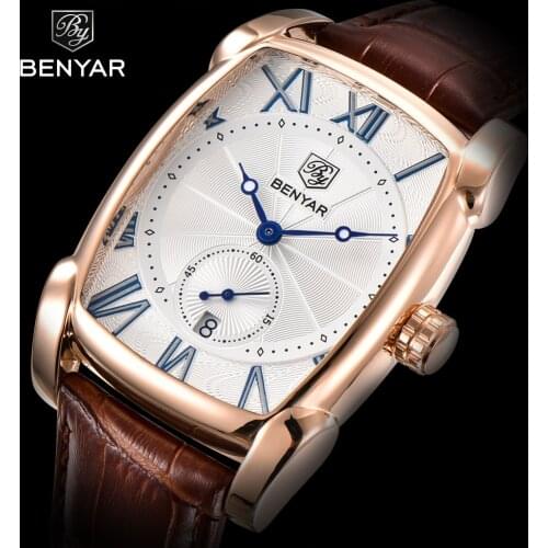 BENYAR Design Watch Mens Luxury Brand Mens Quartz Watch Military Leather Strap Casual Fashion Anti-Watch Water Reloj De Hombre