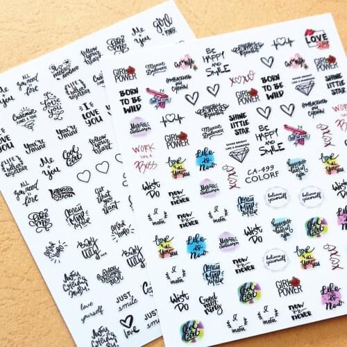 Newest CA 499 500 colorful lettering design 3D nail sticker decal stamping back gule DIY nail decoration wraps