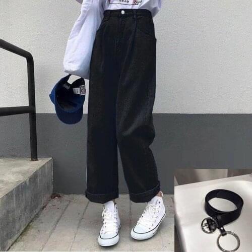 Richkeda Store New 2021Jeans Women Solid Vintage High Waist Wide Leg Denim Trousers Simple Students All-match Loose Fashion