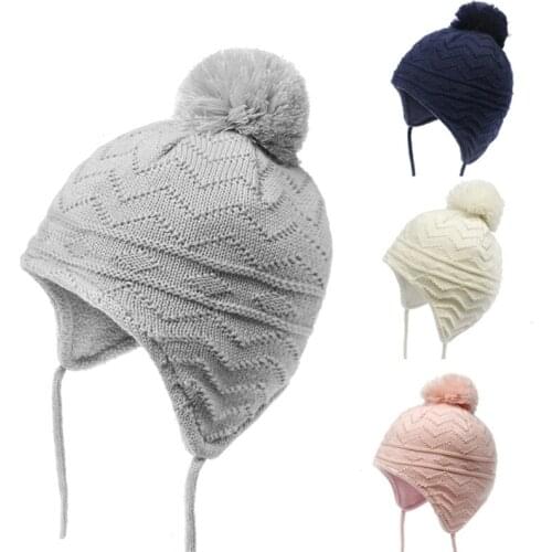Autumn Winter Warm Cute Hair Ball Baby Hat Infant Ear Protection Knitted Beanie XXFE