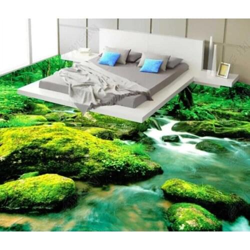 Custom 3D Floor Tiles Wallpaper Green forest stream water Photo Murals Living Room Bedroom Bathroom PVC Waterproof Wallpaper