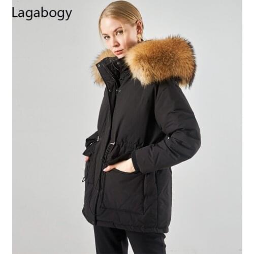 Lagabogy 2021 Large Real Raccoon Fur Winter Women 90%White Duck Down Jacket Female Thick Warm Hooded Parka Loose Waist Snow Coat