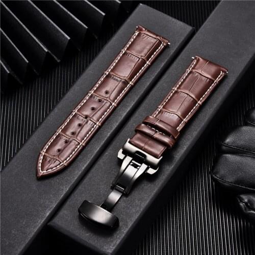 Business Embossed Leather Watchband with Stainless Steel Automatic Buckle 18mm 20mm 22mm 24mm Straps Bracelet for Mens Watches