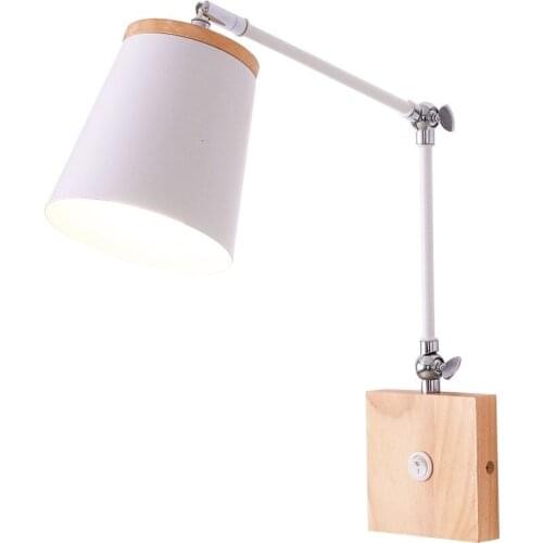 Modern nordic wood wall lamp with switch bedhead bedside wall lights adjustable bedroom room home decoration E27 110v 220v