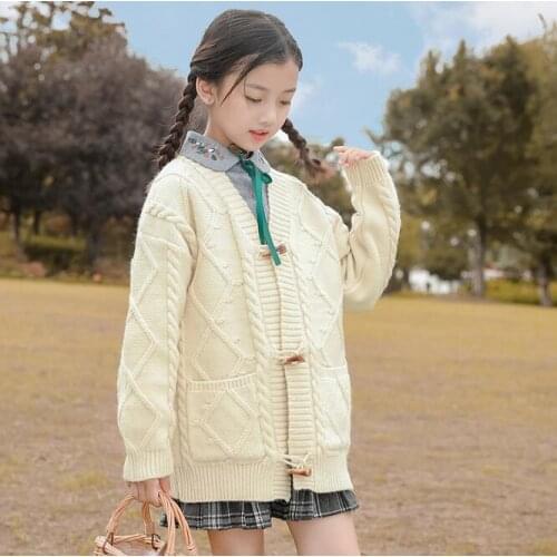 Girls Sweater Spring Winter Big Girl Knitted Horn Button Cardigan Teenage Girl Pure Color V Collar Top Kids Outwear For 5-16Year