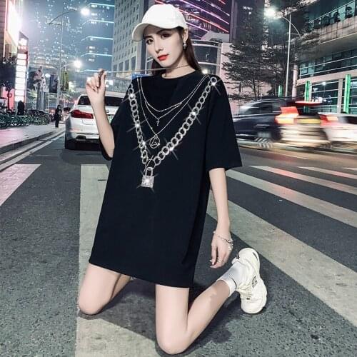 2021 Spring And Autumn Women Rhinestone T Shirt Female Chain Printed T Shirt Female Mixture T Shirt X136