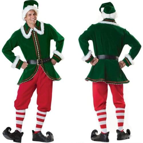 Adult Men Christmas Green Elf Suit Stage Costume