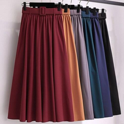 Women Summer Elegant Solid Color Midi Pleated Skirts With Sashes Fashion Girls Spring Streetwear High Waist Casual Skirt DS255