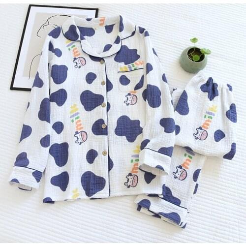 Ladies Pure Cotton Pajamas Spring/Summer New Style Double-layer Gauze Long-sleeved Trousers Cute Home Service Suit Pygama Femme