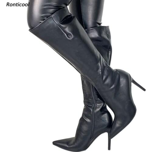 Ronticool 2021 Women Winter Knee High Boots Side Zipper Thin High Heels Pointed Toe Elegant Black Shoes Women Plus US Size 5-15