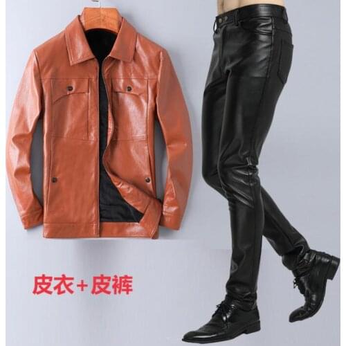 Winter leather jacket men motorcycle faux leather coat and leather pants 1 set jaqueta de couro masculino Plus velvet clothes