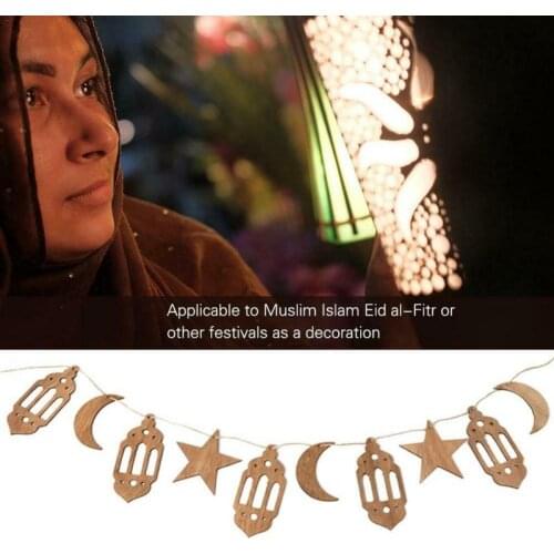 1 Set DIY Wooden Plaque Plywood Baubles Moon Hanging Pendant Lantern Shape With Long Hemp Rope Ramadan Islam Eid Mubarak Decor